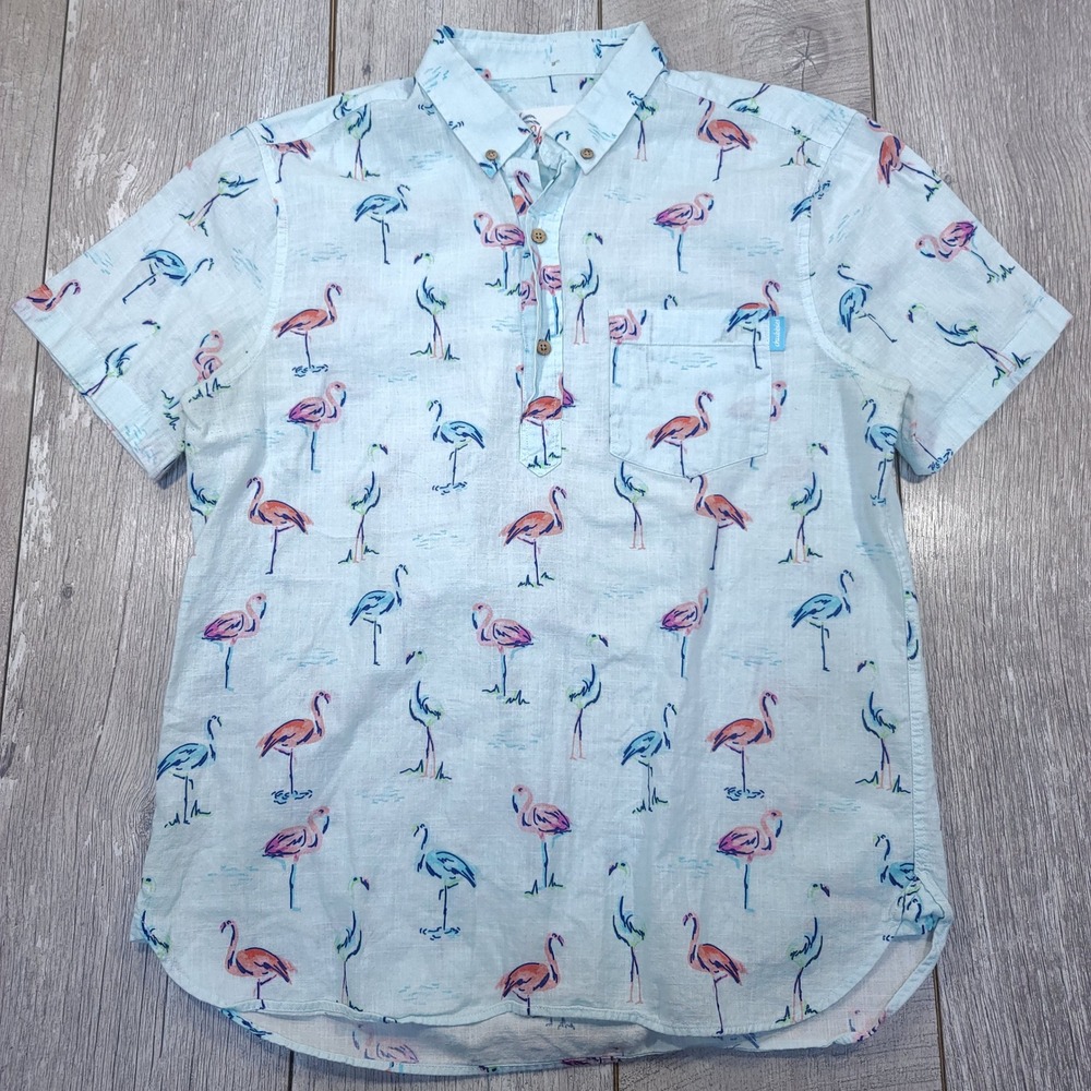 Chubbies Popover Shirt Mens Medium Light Blue Flamingo Print Short Sleeve Cotton